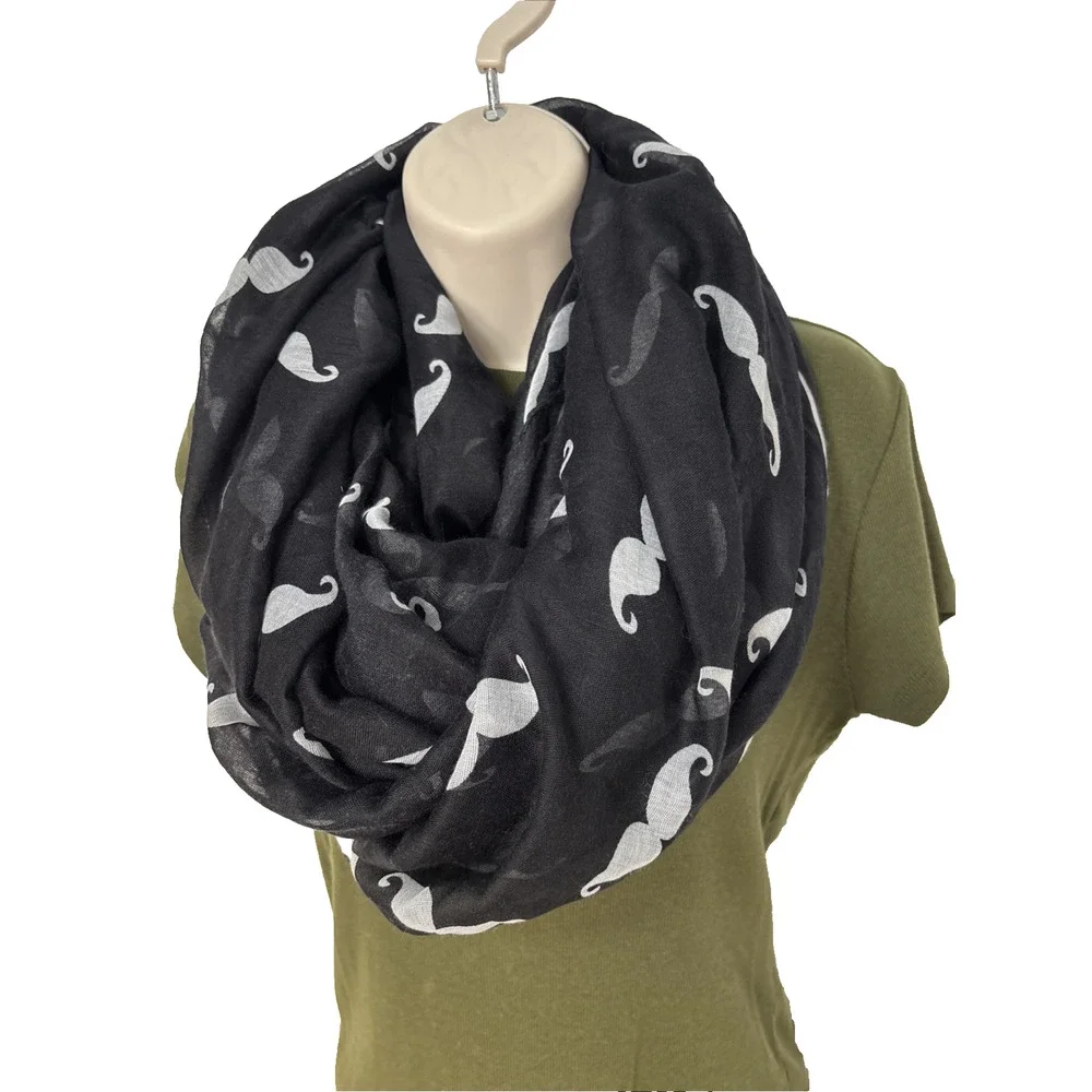 Black White Sheer Mustache Infinity Scarf Whimsy Lightweight‎ Artsy Academia